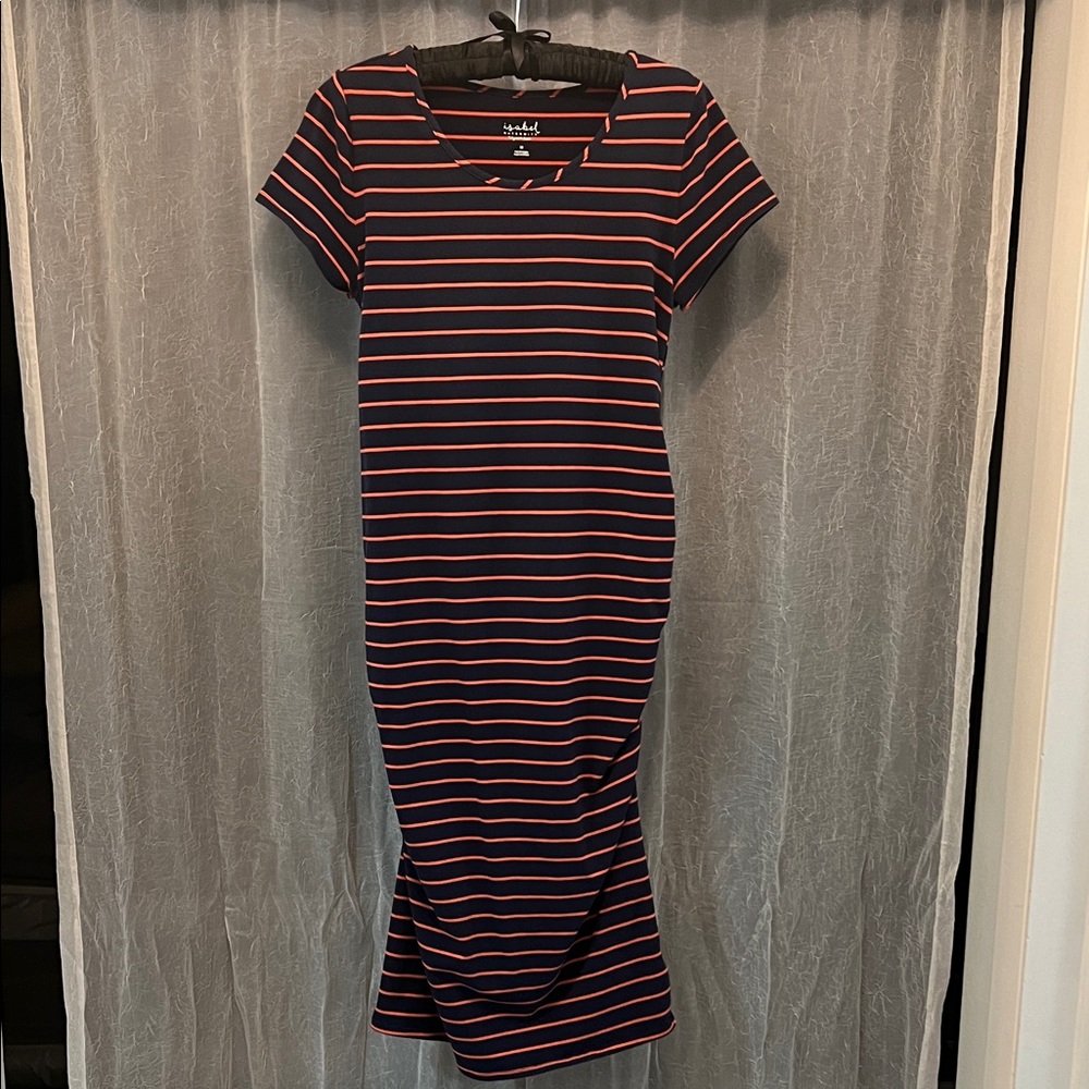 Isabel Maternity Navy and Red Striped Midi Dress